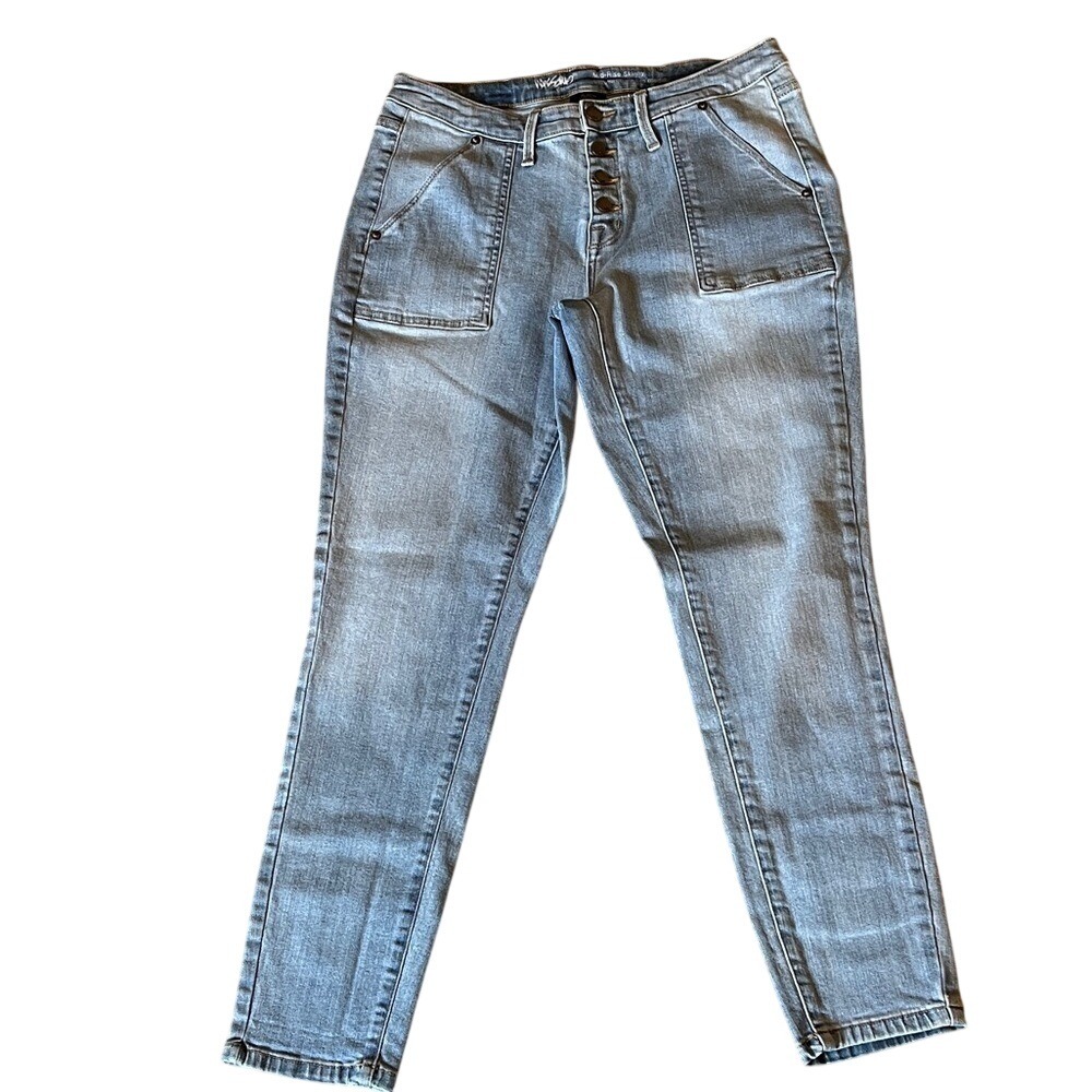 Mossimo Mid Rise Skinny Jeans Womens 31 Light Wash Button Fly‎ Patch Pocket Blue